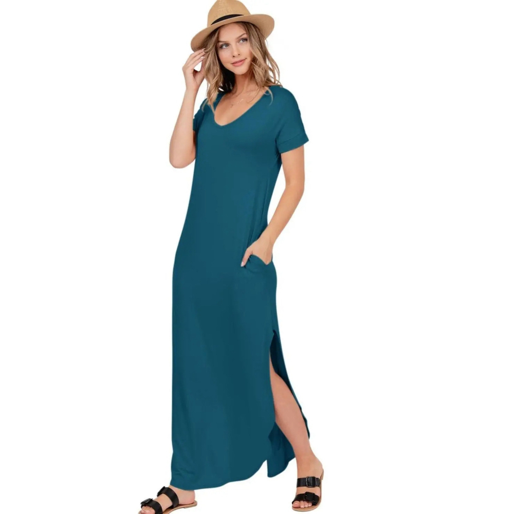 Shop Basic USA Women’s Small Blue Gray Twist Front Maxi Dress Short Sleeve